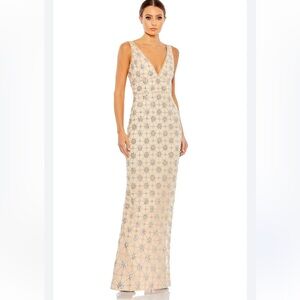 Mac Duggal 93744 Hand Beaded V Neck Column Dress Nude NWT